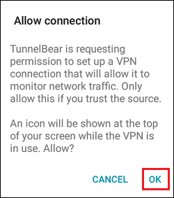 Allow TunnelBear App to Create VPN Connection Pop-up