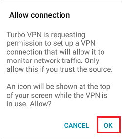 Allow Turbo VPN to Make Connection Pop-up