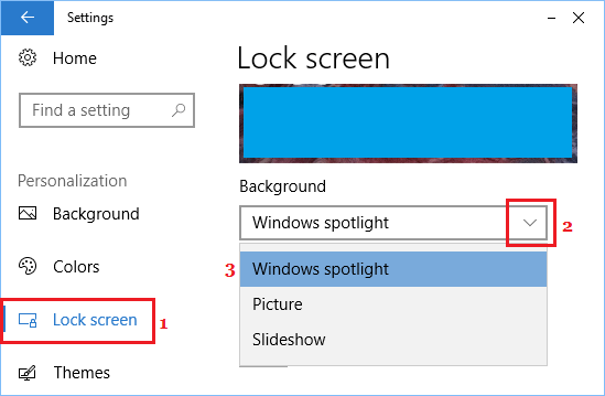 Lock Screen Background Settings Screen in Windows 10