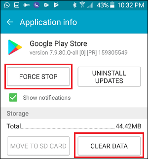 Clear Google Play Store Data and Force Quit App