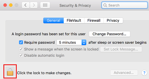 Lock Icon on Security and Privacy screen