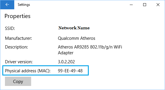 Physical Mac Address On Windows 10 Settings Screen