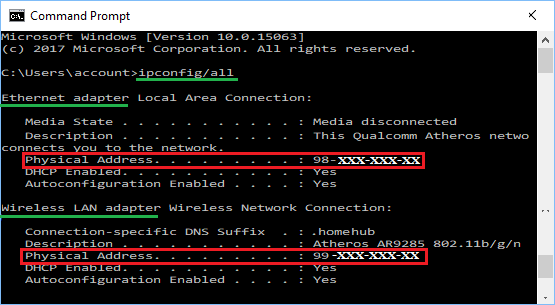 MAC Address of WiFi and Ethernet Networks in Windows 10 Command prompt Window