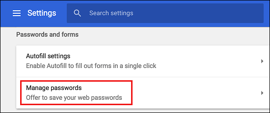 Manage Passwords Tab in Google Chrome