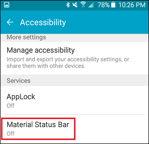 Material Status Bar Tab in Accessibility Settings Screen on Android