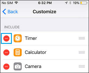 Minus Button Control Center Settings on iPhone