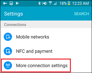 More Connection Settings Tab in Settings on Android Phone