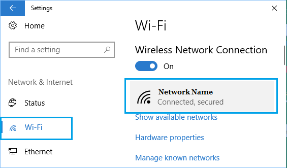 Network Settings Screen in Windows 10