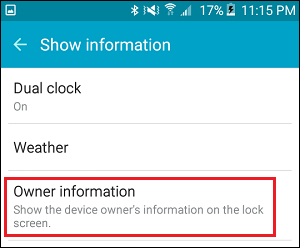 Owner Information Tab in Settings on Android