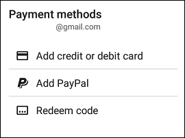 Payment Methods Screen in Google Play Store
