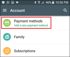 Payment Methods Tab in Google Play Store Settings