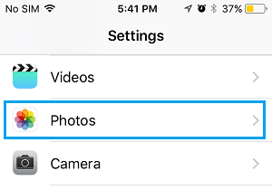 Photos Option on iPhone Settings Screen