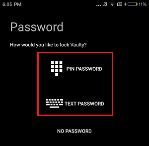 Create Pin or Password in Vaulty App