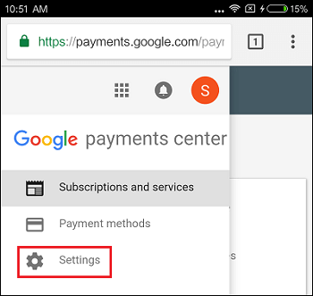 Settings Tab in Google Payments Centre