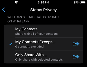 Share WhatsApp Status With My Contacts Except Option 
