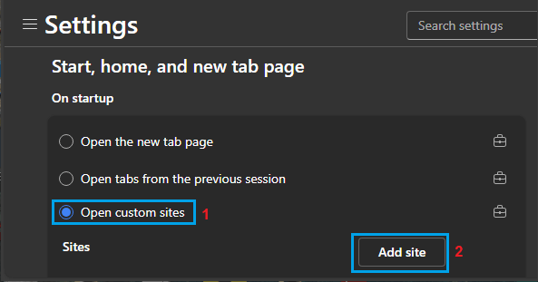 Open Custom Sites Option in Microsoft Edge Browser