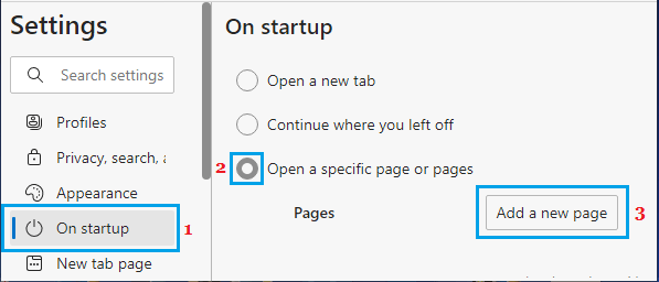 Add New Page on Startup Option in Microsoft Edge Browser