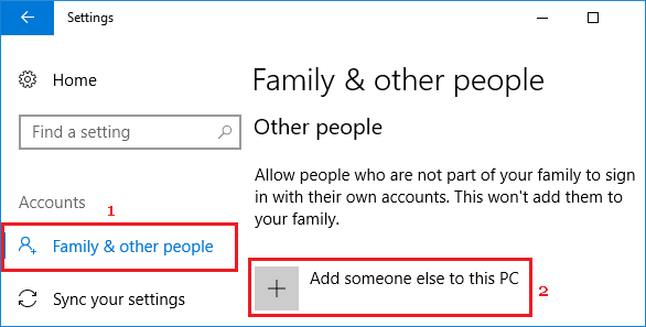 Add Someone Else to PC Option in Windows 10