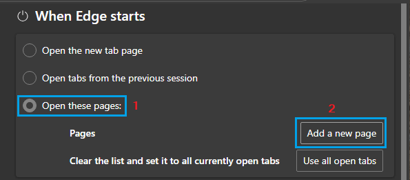 Add New Page on Startup Option in Microsoft Edge Browser