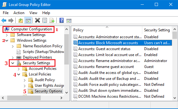 Block Microsoft Accounts Option in Local Group Policy Editor 