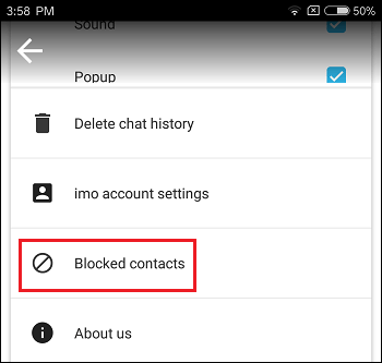 Blocked Contacts Tab in imo on Android Phone