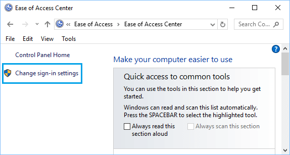  Cambiar la opción de Configuración de inicio de sesión en el Panel de Control de Windows 10