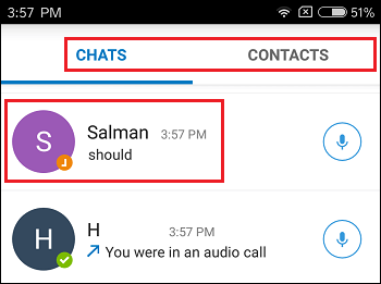 Chats and Contacts Tab in imo on Android Phone