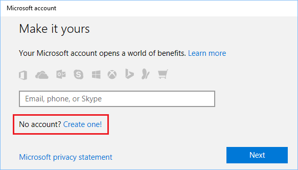 Create Microsoft Account Link in Windows 10