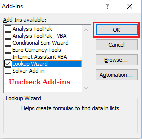 Disable Excel Add-Ins on Windows 10 Computer