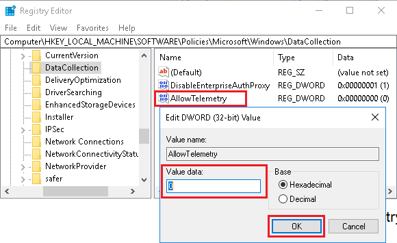 Disable Telemetry and Data Collection Using Registry Editor in Windows 10