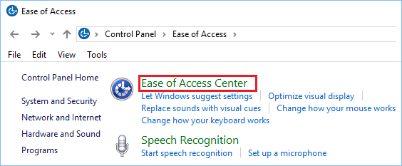 easy of Access Center-vaihtoehto Ohjauspaneelin näytöllä Windowsissa 10