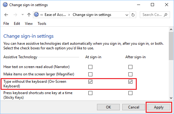 Enable On-Screen Keyboard at Login Screen option in Windows 10