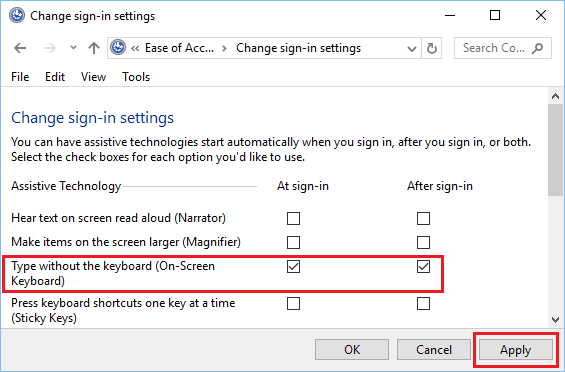  Abilita la tastiera su schermo all'opzione Schermata di accesso in Windows 10