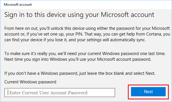 Enter Current User Account Password In Windows 10