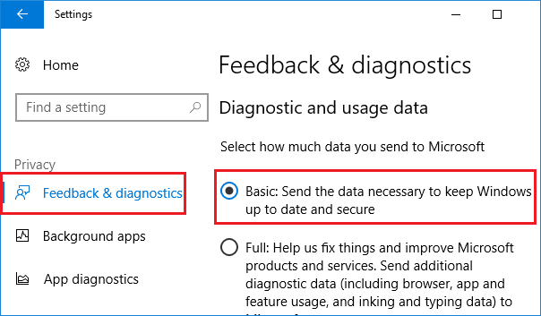 Feedback and diagnostics Settings Screen in Windows 10