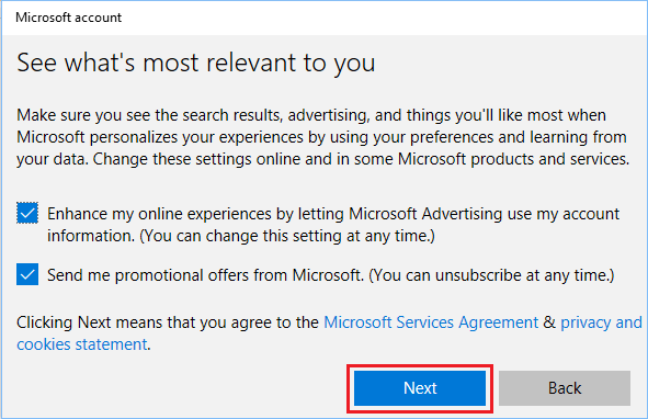 Allow Microsoft to Send Promotional Offers Screen in Windows 10