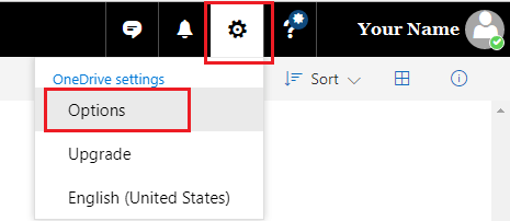 OneDrive Settings Icon and Options Tab in OneDrive Settings Menu