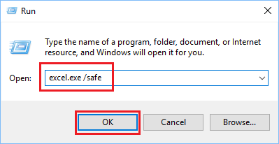 Run excel.exe /safe command in Windows 10
