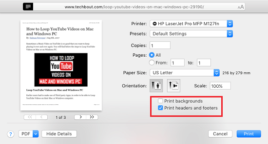 Print Headers and Footers Option on Mac