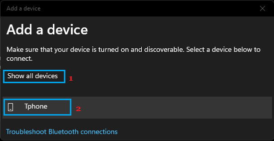 Select iPhone on Windows Add Device Screen