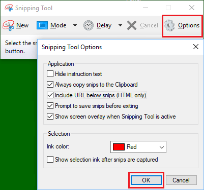 Snipping Tool Options Screen in Windows 10