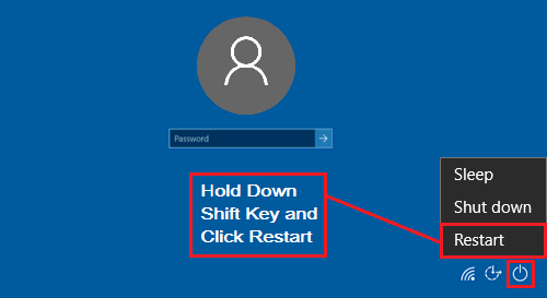 Restart By Holding Shift Key to Enter Safe Mode in Windows 10