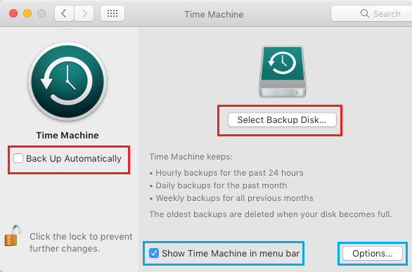 Time Machine Settings Screen on Mac