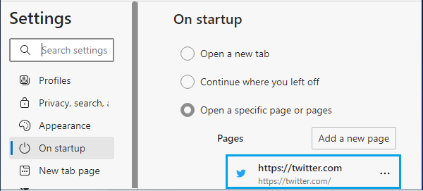 Twitter Added to Edge Browser Startup
