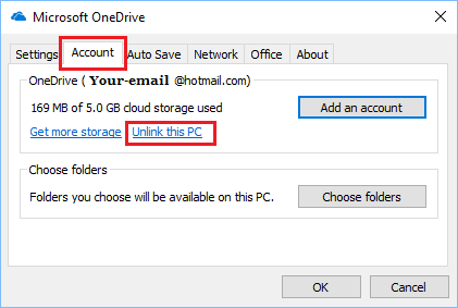 Unlink This PC From OneDrive Option in Windows 10