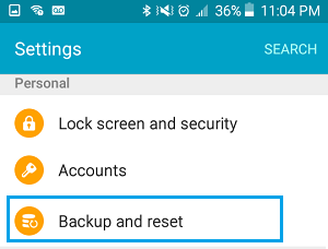 Backup & Reset Option on Android Phone Settings Screen