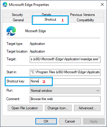 Click on Shortcut key in Edge Properties Screen