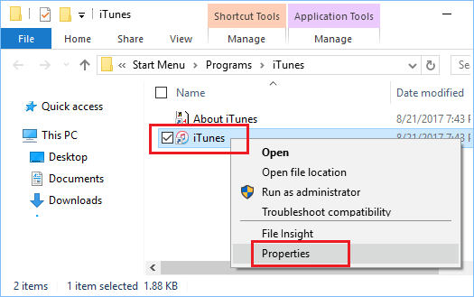 Open iTunes Properties in Windows 10