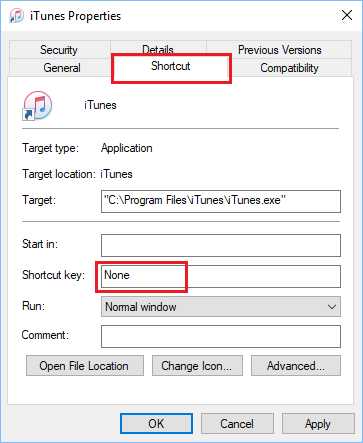 Shortcut Tab in iTunes Properties Screen in Windows 10