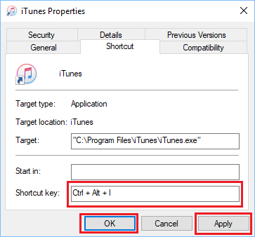 Create Keyboard Shortcut for iTunes in Windows 10